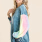 Rainbow tie-dye BiBi French terry long-sleeve top with distressed denim shorts