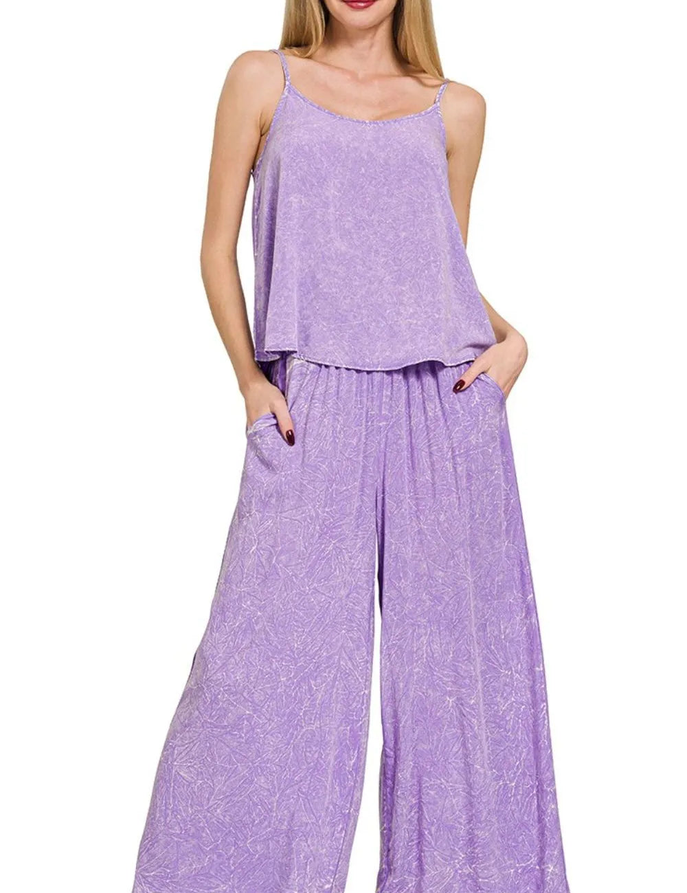 LAVENDER Zenana Lavender Woven Acid Crinkle Washed Cami & Pants 2 Piece Set | Outfit Sets Daverri Fashions