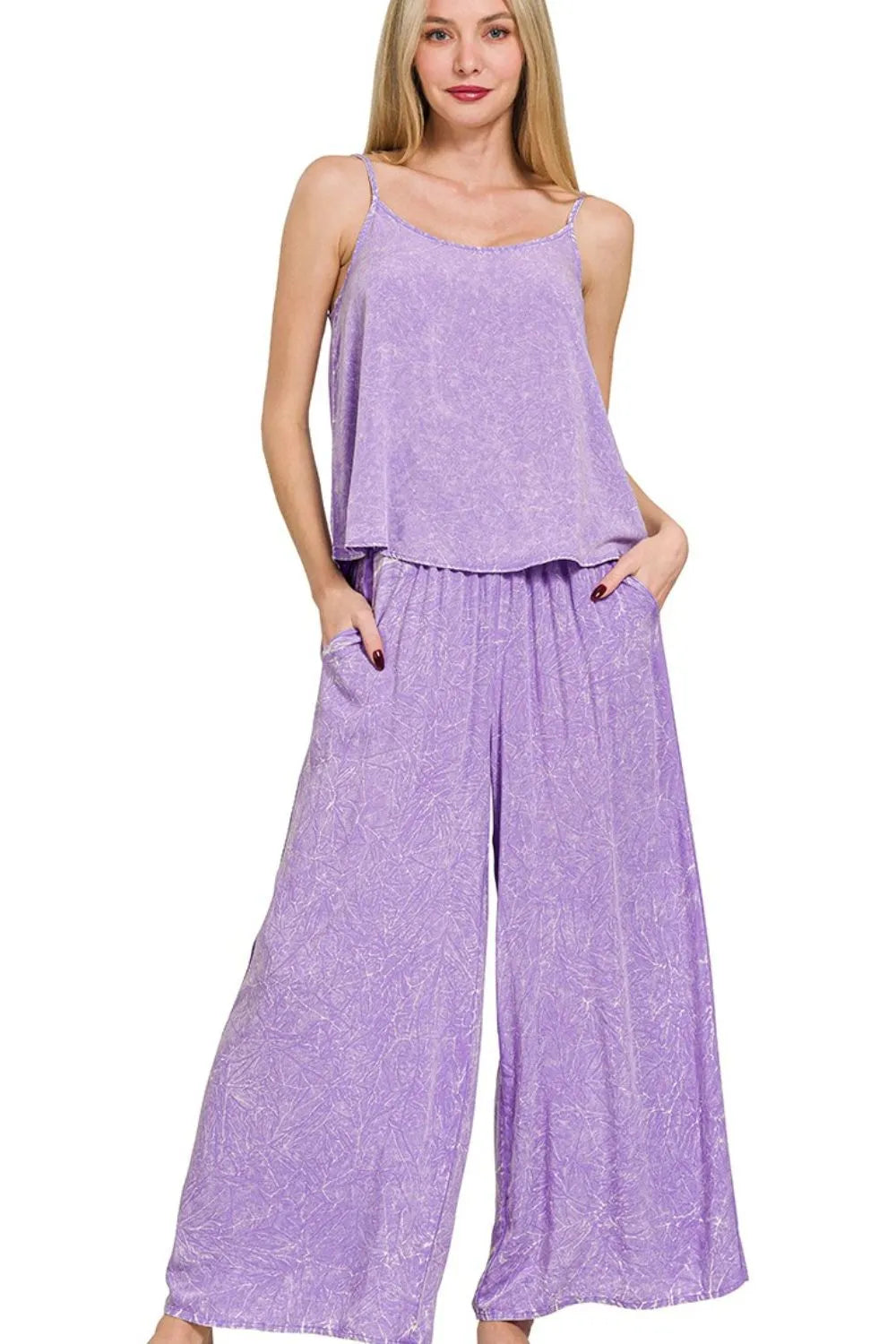 Zenana Lavender Woven Acid Crinkle Washed Cami & Pants 2 Piece Set LAVENDER Outfit Sets