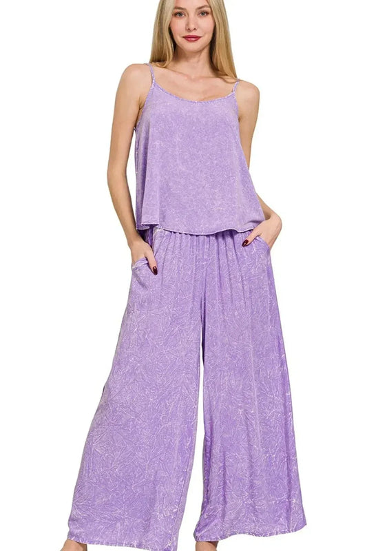 Zenana Lavender Woven Acid Crinkle Washed Cami & Pants 2 Piece Set - DAVERRI FASHIONS