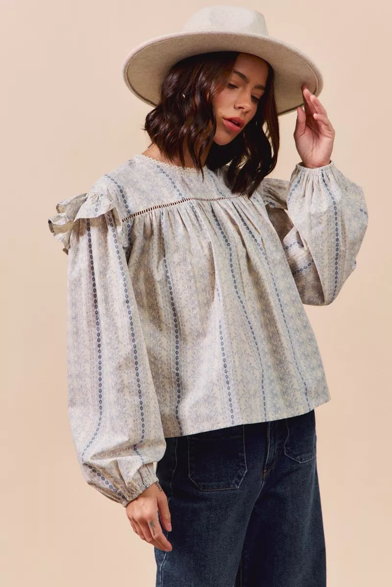SO ME Floral Cotton Print Ruffled Long Sleeve Blouse | Daverri Fashions