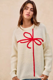 BiBi Christmas Ribbon Bow Embroidery Sweater | Sweaters Daverri Fashions