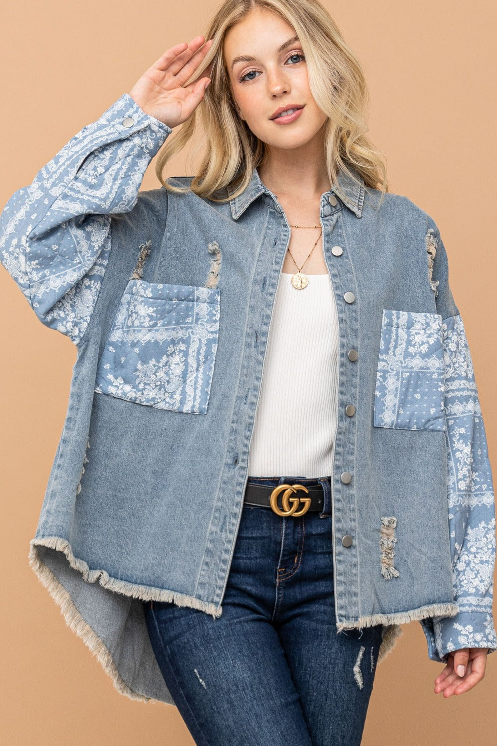 And The Why Full Size Paisley Print Quilted Sleeves Denim Jacket Lt.Denim