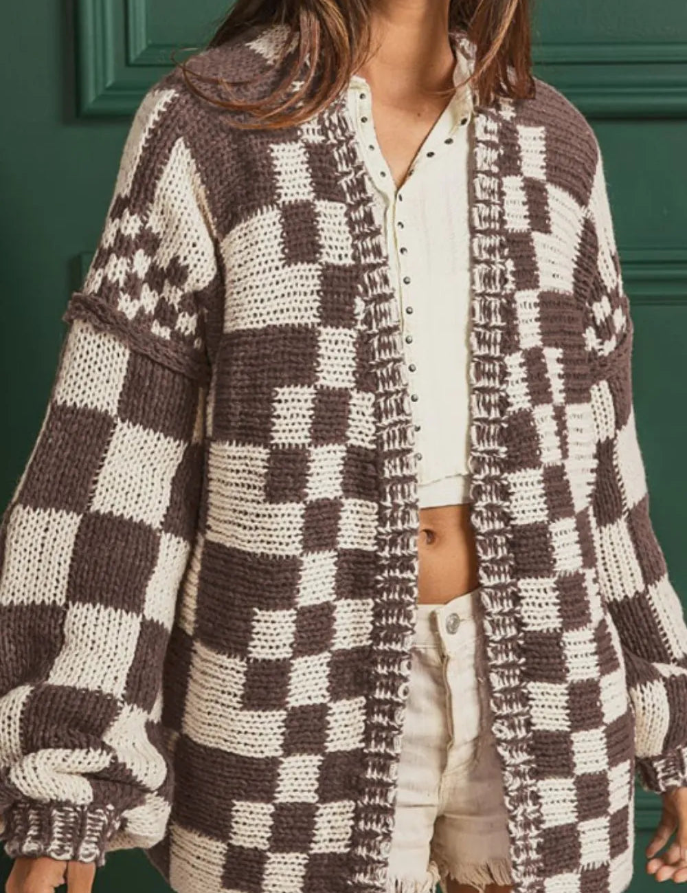 Beige Checkered Open Front Long Sleeve Cardigan | Cardigans Daverri Fashions