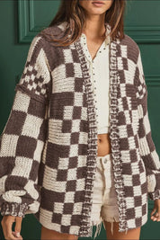 Beige Checkered Open Front Long Sleeve Cardigan | Cardigans Daverri Fashions