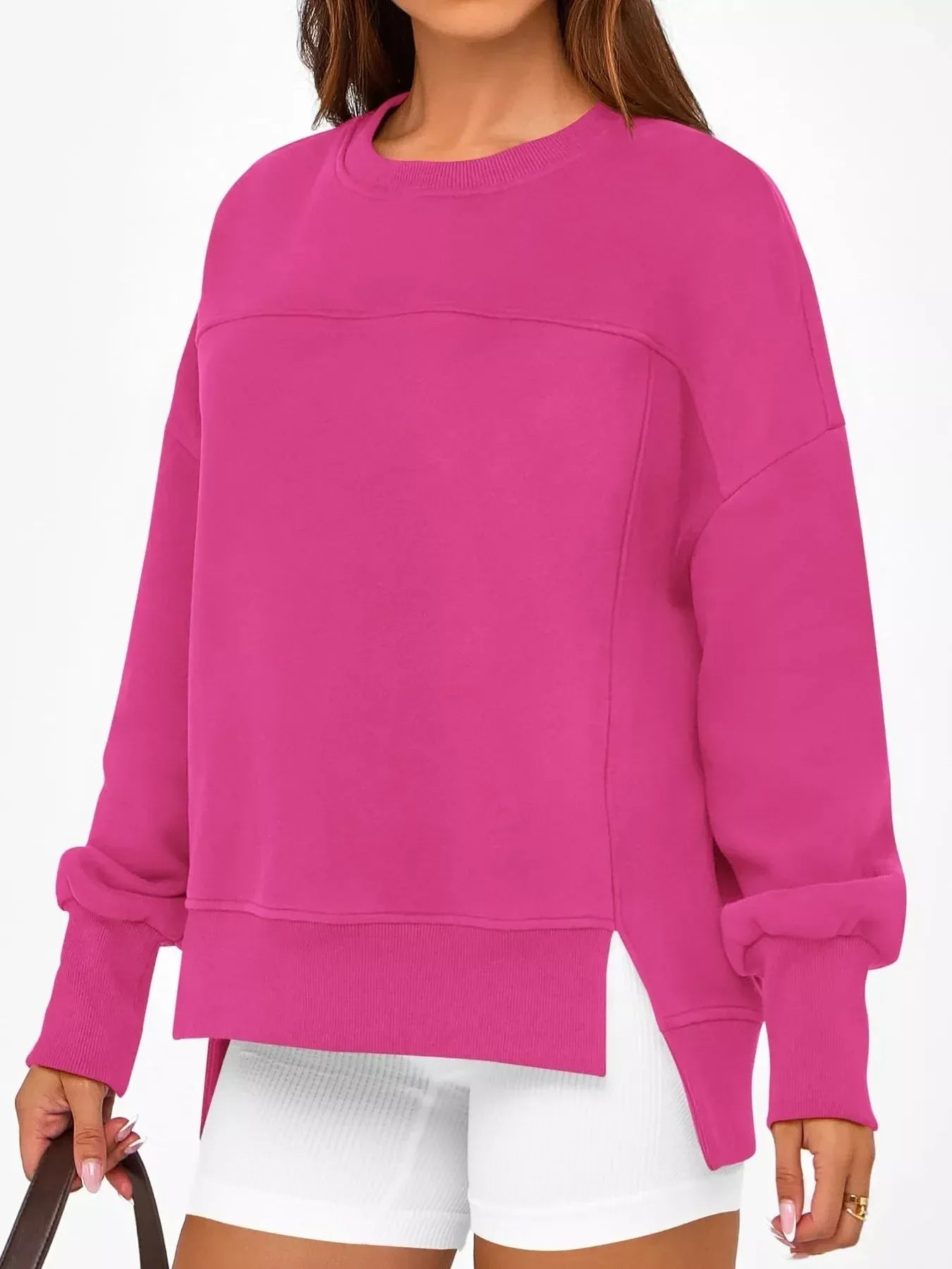 Slit Round Neck Dropped Shoulder Sweatshirt - DAVERRI FASHIONS