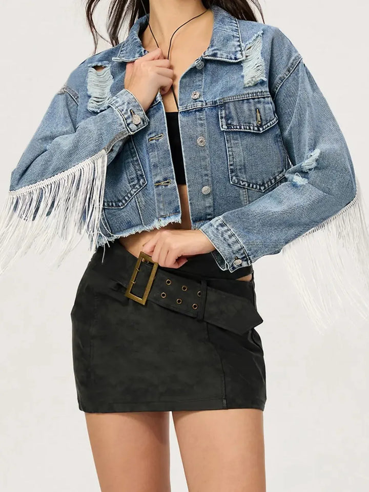 Distressed Fringe Collared Neck Cropped Denim Jacket | Denim Jackets Daverri Fashions