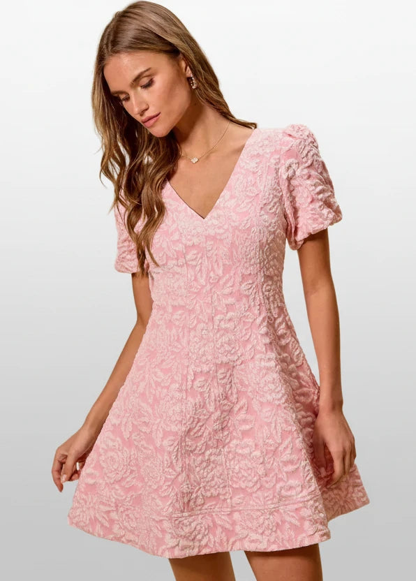 SO ME floral jacquard fit and flare mini dress in pink lace with v-neckline