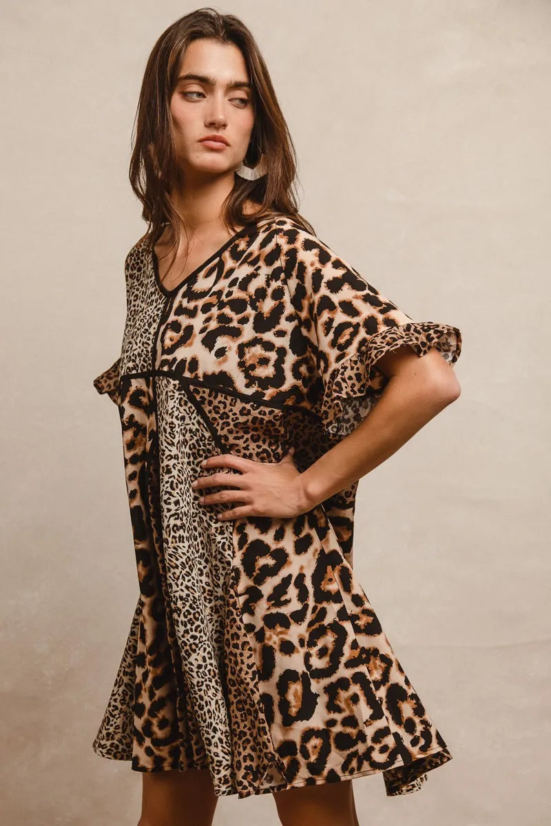 BiBi Leopard Prints Mix and Match Short Sleeves Dress Mini Dresses