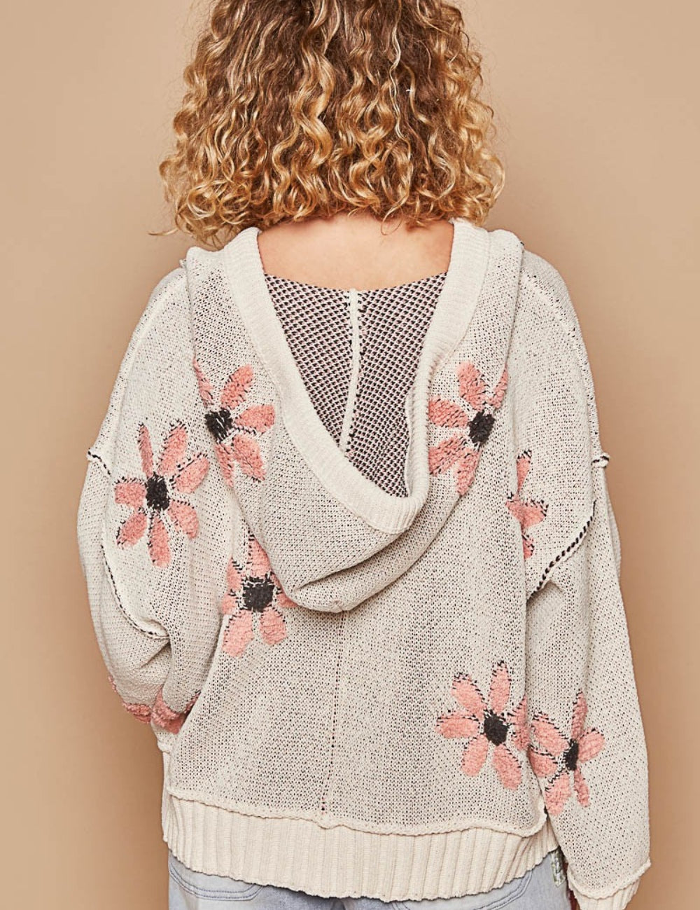 POL Floral Pattern Hooded High-Low Sweater