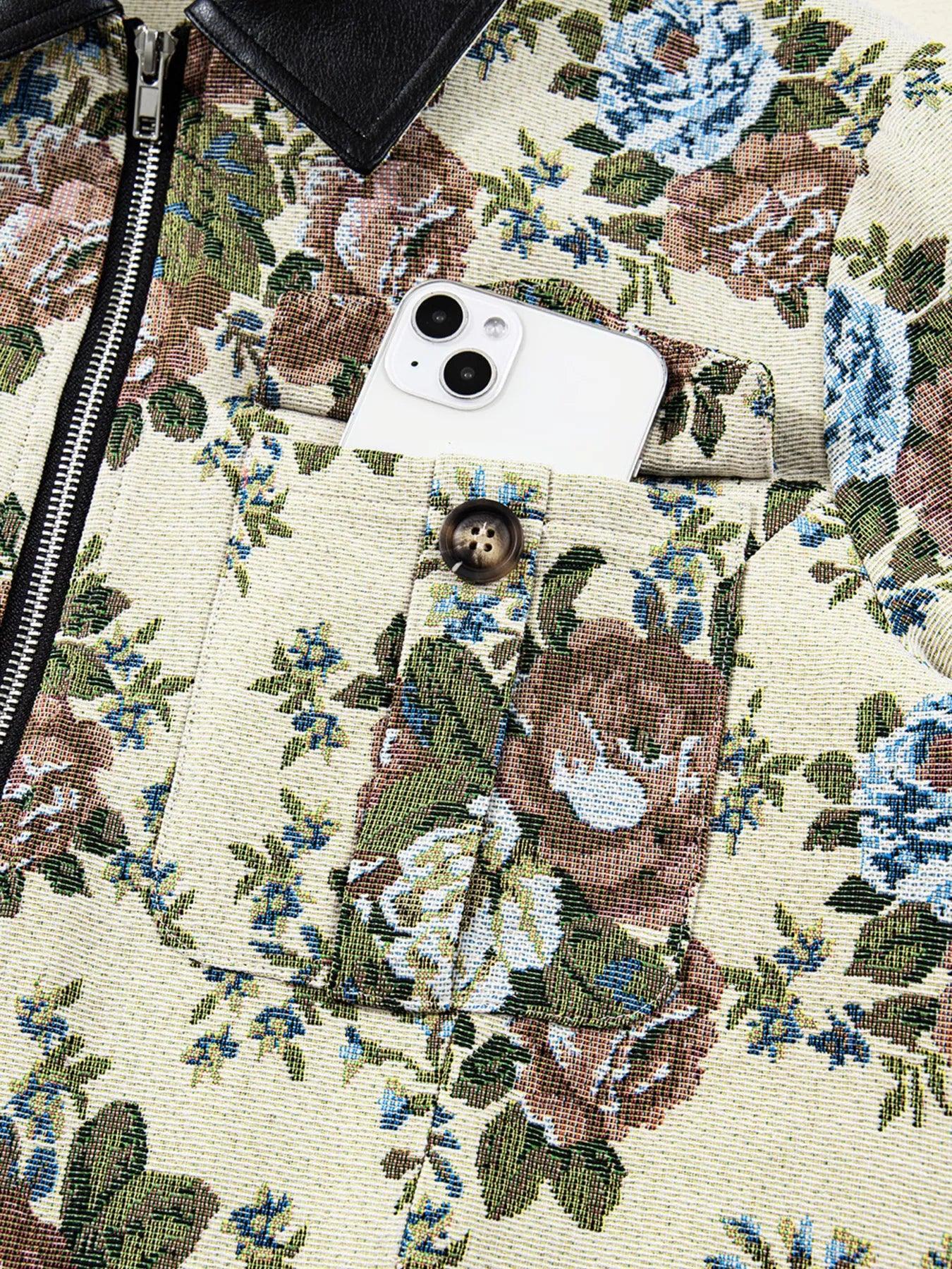 Vintage Floral Print Zip Up Contrast Collared Jacket - DAVERRI FASHIONS