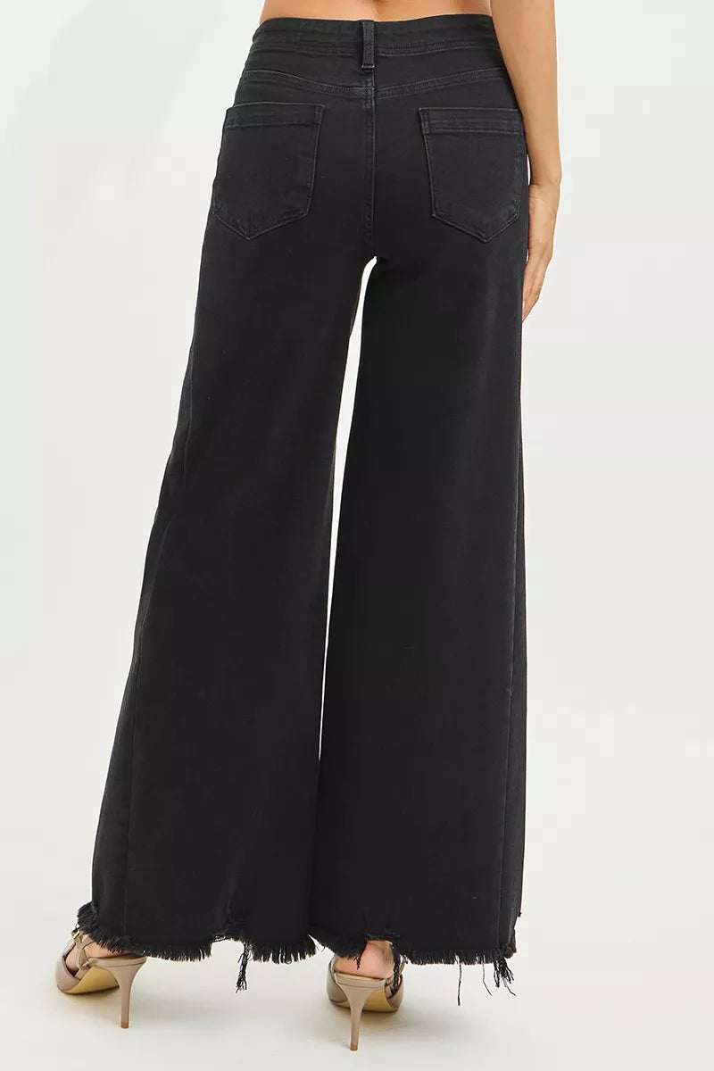 RISEN Tummy Control High Rise Black Palazzo Leg Frayed Hem Jeans