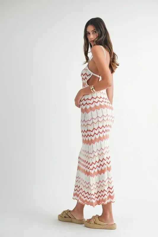 MABLE Lightweight Pointelle Chevron Knit Maxi Dress - DAVERRI FASHIONS