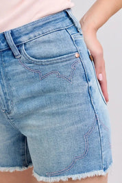 Judy Blue High Waist Western Embroidery Detail Cut Off Denim Shorts | Daverri Fashions