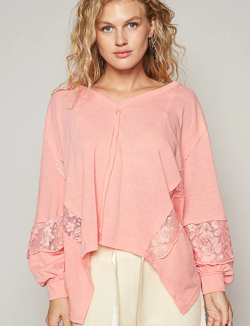 Blush Pink POL V-Neck Long Sleeve T-Shirt with Lace Detail | T-Shirts Daverri Fashions