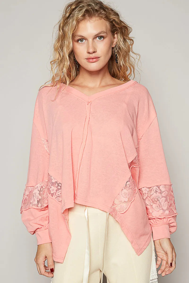 POL V-Neck Long Sleeve T-Shirt with Lace Detail Blush Pink T-Shirts