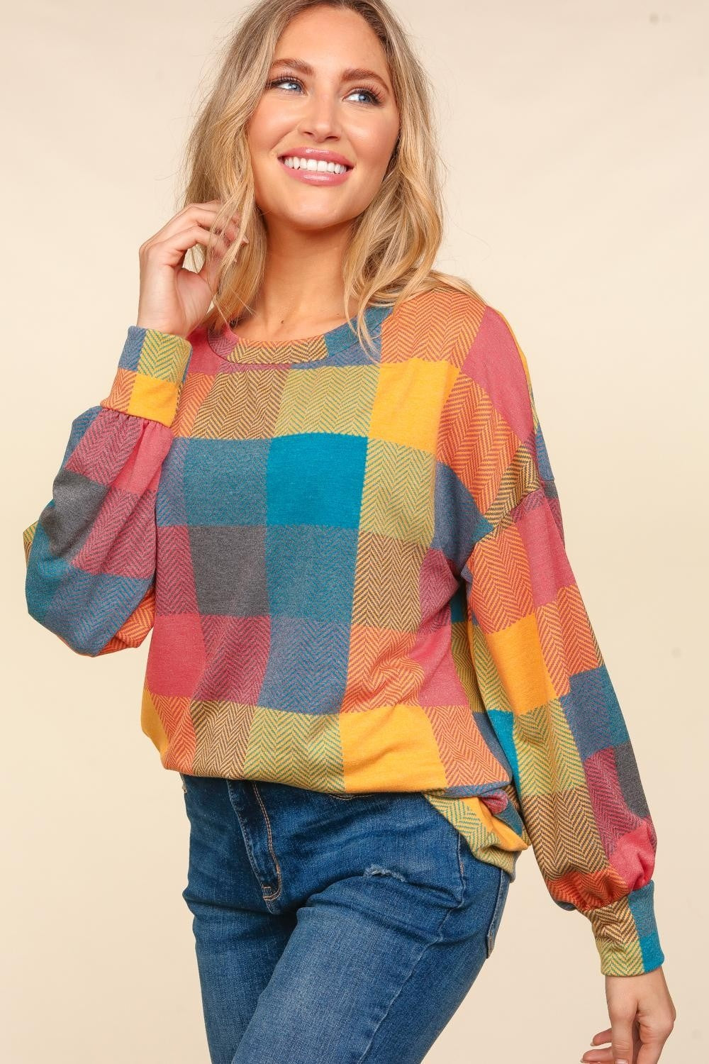 Haptics Round Neck Color Block Plaid Top Tops