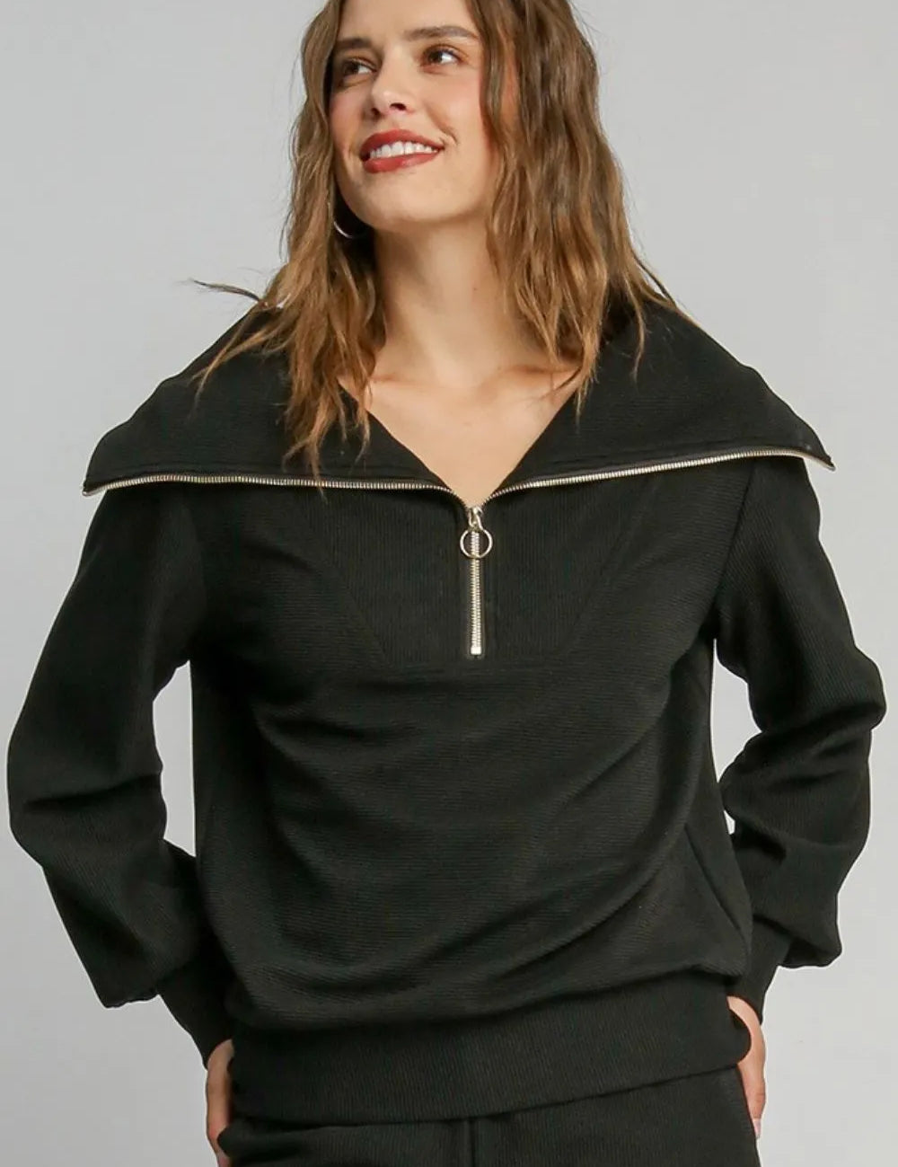 Black Umgee Full Size Ribbed Knit Half Zipper Sweatshirt Plus Size | Daverri Fashions