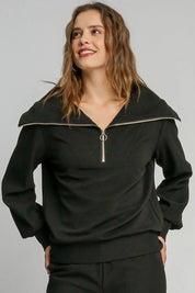 Black Umgee Full Size Ribbed Knit Half Zipper Sweatshirt Plus Size | Daverri Fashions