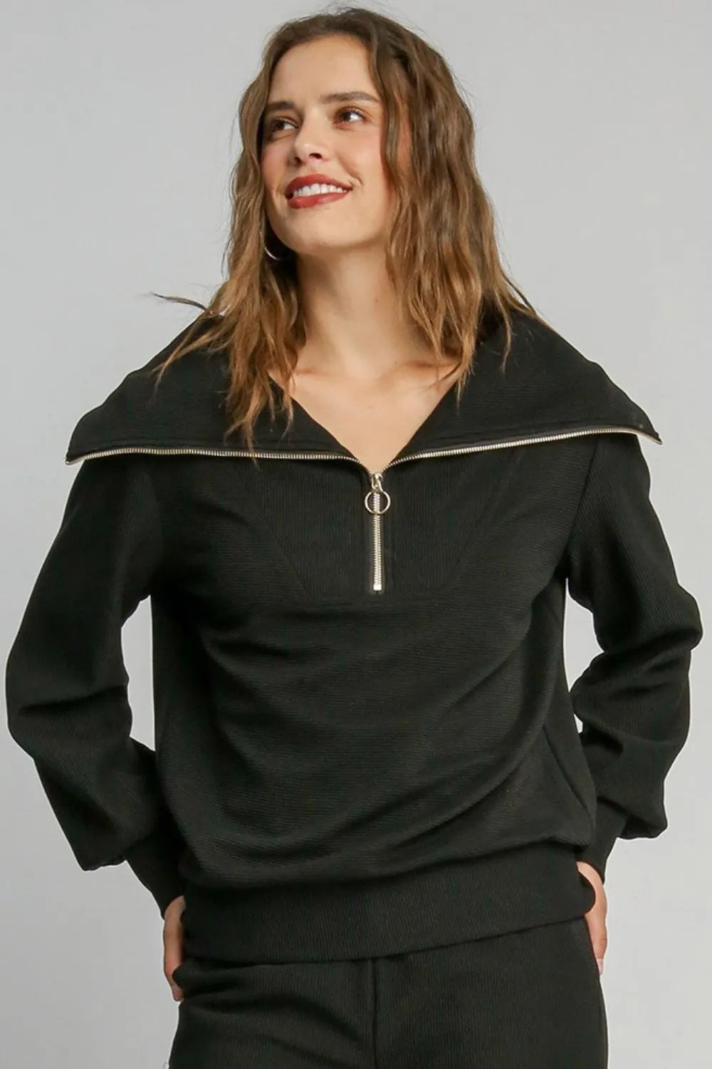 Umgee Full Size Ribbed Knit Half Zipper Sweatshirt Plus Size Black