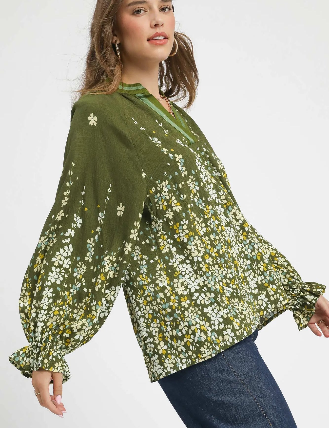 Umgee Floral Vine Print Blouse with Balloon Sleeves | Blouses Daverri Fashions