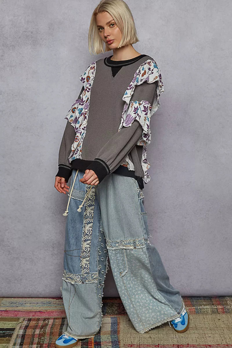 POL Round Neck Sweater with Floral Ruffle Detail | Sweaters Daverri Fashions