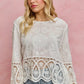SO ME floral embroidered crochet lace trimmed top in white with scalloped hem