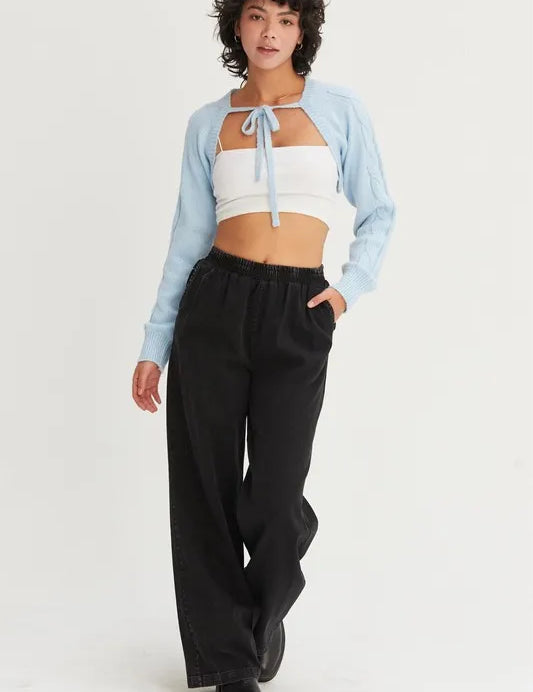 BABY BLUE HYFVE Cable-Knit Tie-Front Shrug | Daverri Fashions