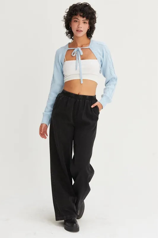 BABY BLUE HYFVE Cable-Knit Tie-Front Shrug | Daverri Fashions