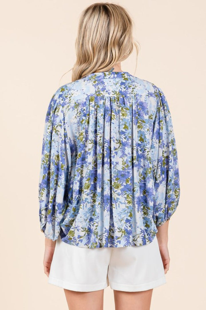 Mittoshop Flower Print Batwing Sleeve Button Down Blouse