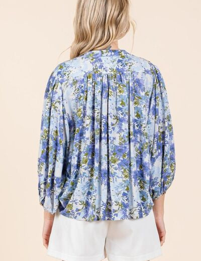 Mittoshop Flower Print Batwing Sleeve Button Down Blouse Blouses