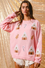 LT PINK BiBi Christmas Theme Patches Sweater | Daverri Fashions