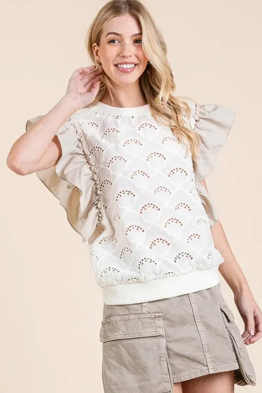 Lime 'N' Chili Ruffle Cap Sleeve Embroidered Eyelet Blouse - DAVERRI FASHIONS