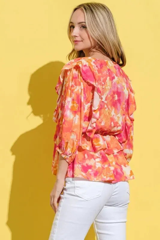 And The Why Ruffled Printed Puff Sleeve Blouse - DAVERRI FASHIONS