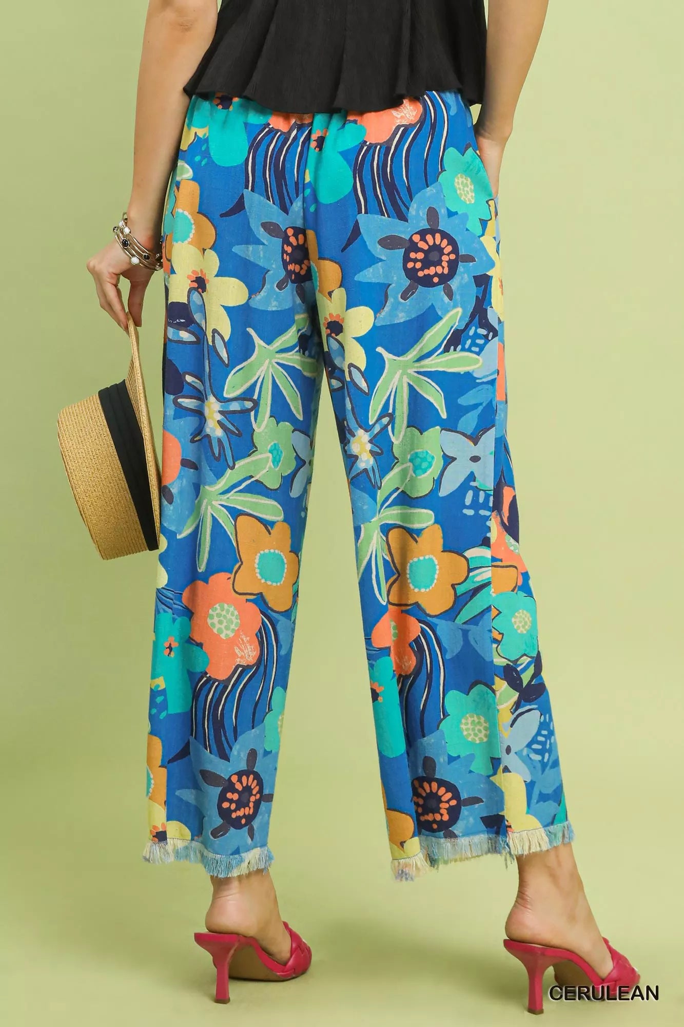 Umgee floral print wide-leg pants in vibrant blue tropical turtle pattern