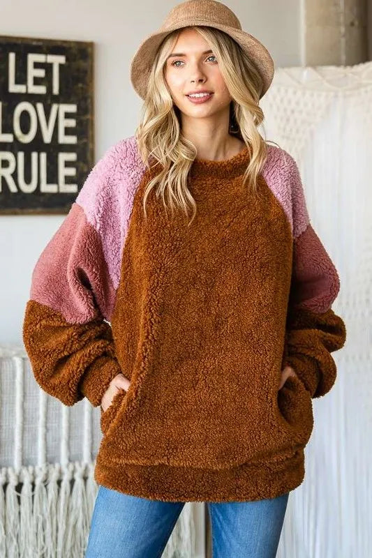Culture Code Color Block Faux Fur Raglan Sleeve Sweatshirt Brown Sweatshirts