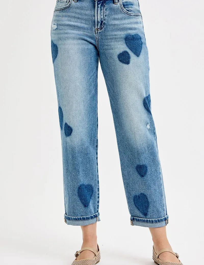 RISEN Full Size Mid Rise Fit-boyfriend Heart Shade Jeans Plus Size | Jeans Daverri Fashions