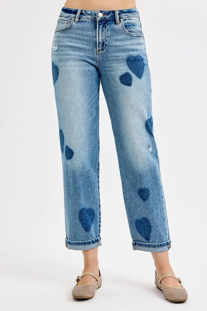 RISEN Full Size Mid Rise Fit-boyfriend Heart Shade Jeans Plus Size Jeans