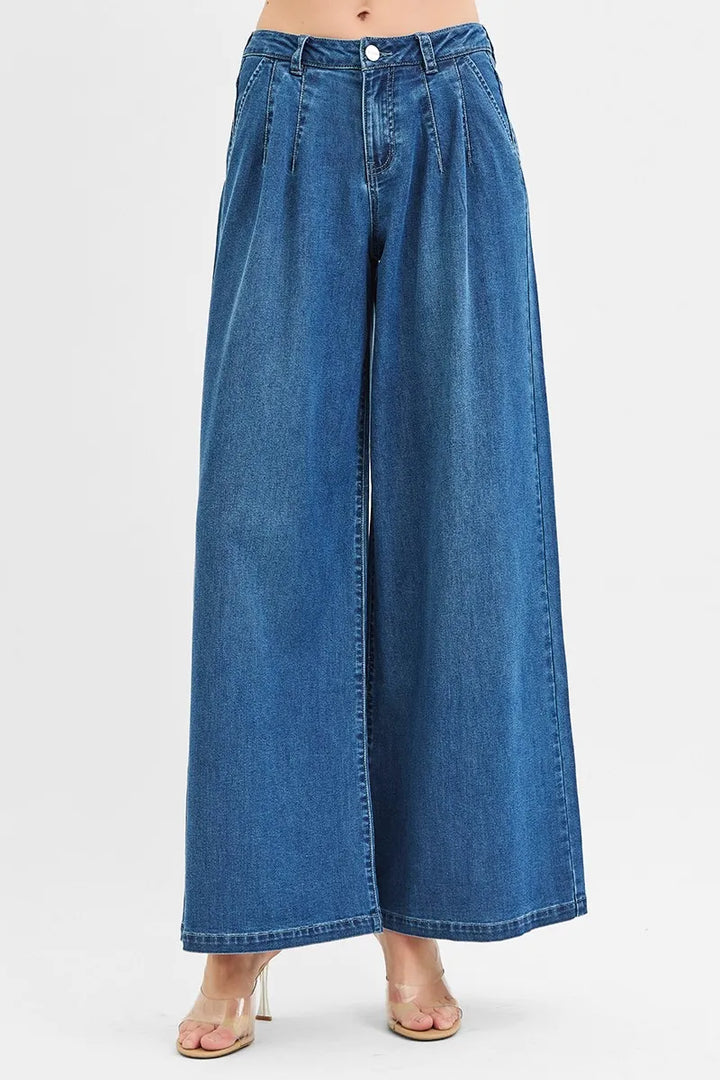 RISEN Mid Rise Fit Wide Leg Knit Denim Look Jeans Jeans