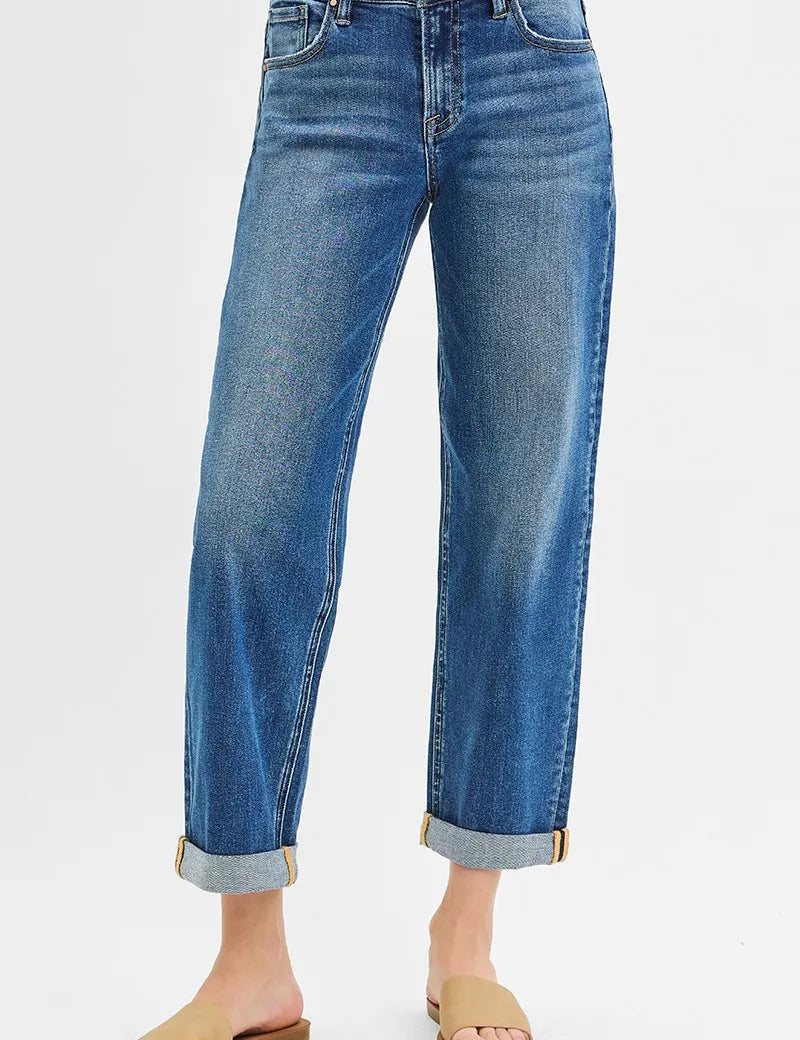 DARK RISEN Full Size Mid Rise Boyfriend Roll Up Jeans Plus Size | Jeans Daverri Fashions