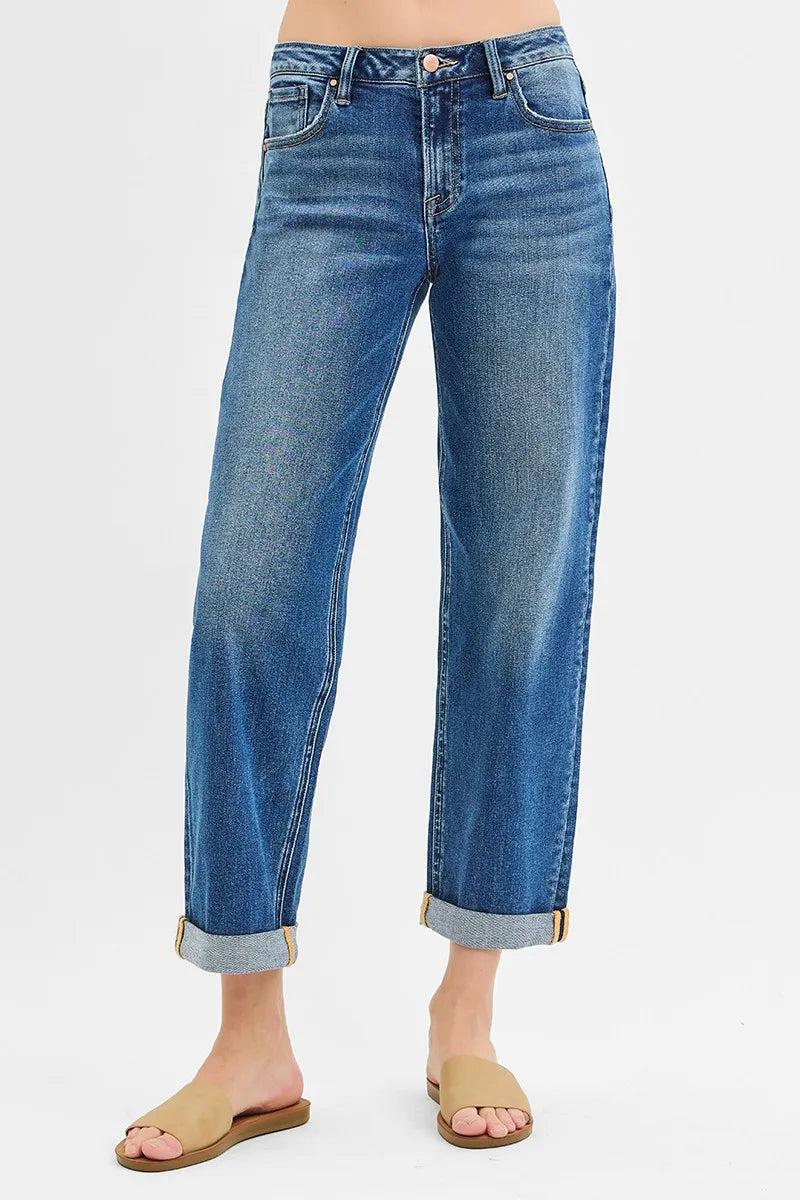 RISEN Full Size Mid Rise Boyfriend Roll Up Jeans Plus Size DARK Jeans