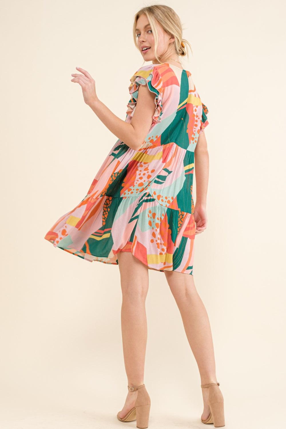 And The Why Printed Double Ruffle Sleeve Dress | Daverri Fashions