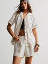 White linen shorts with brown geometric embroidery in button-up set