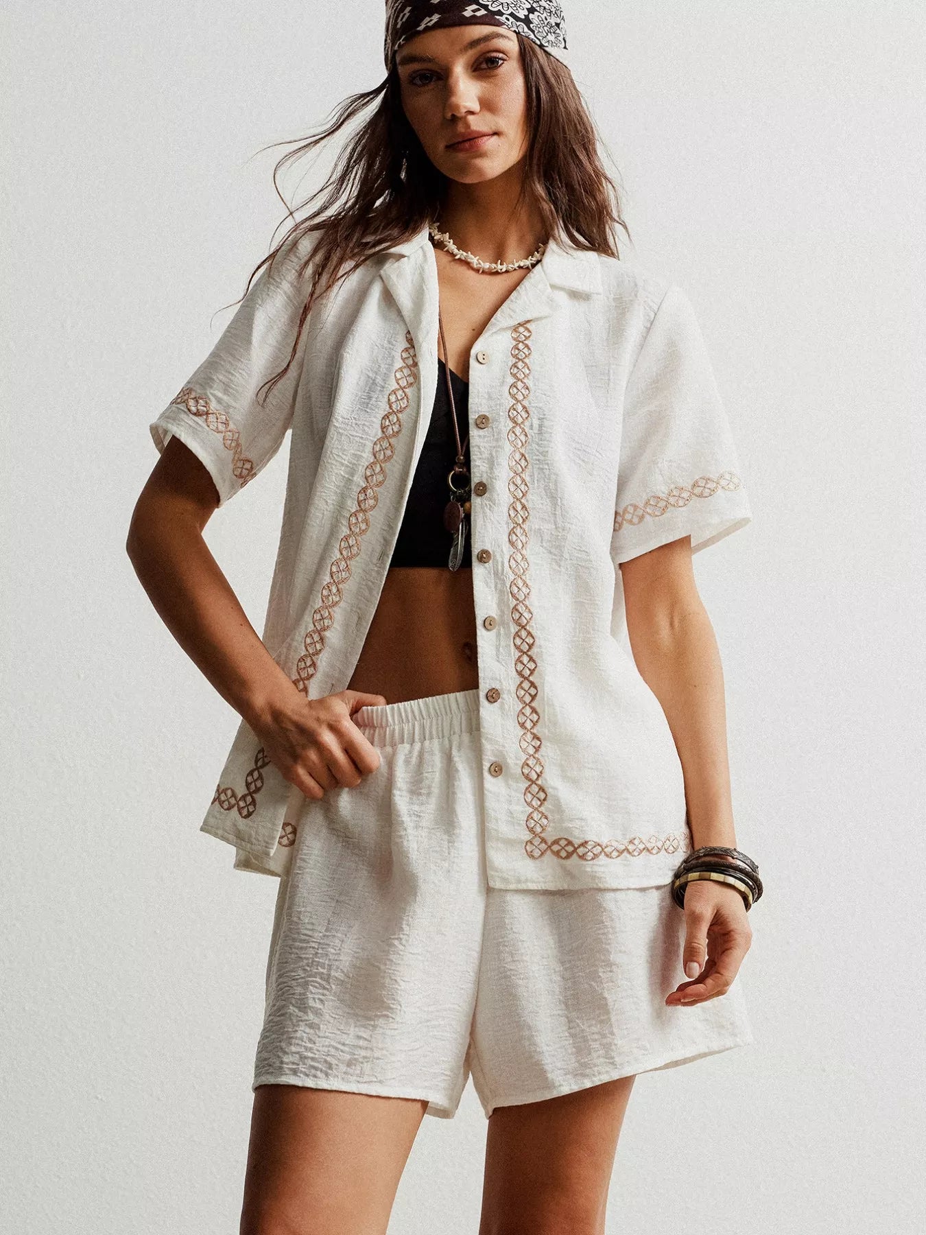 White linen shorts with brown geometric embroidery in button-up set