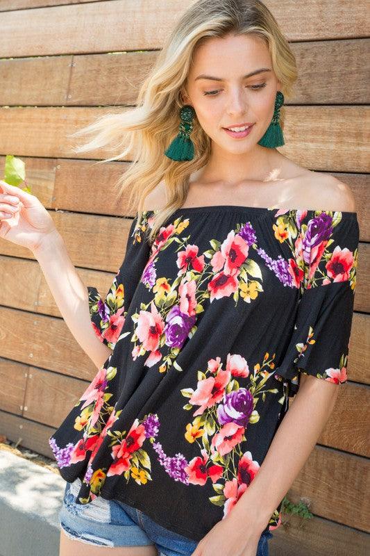 Plus Ruffle Sleeve Off Shoulder Floral Top Shirts & Tops