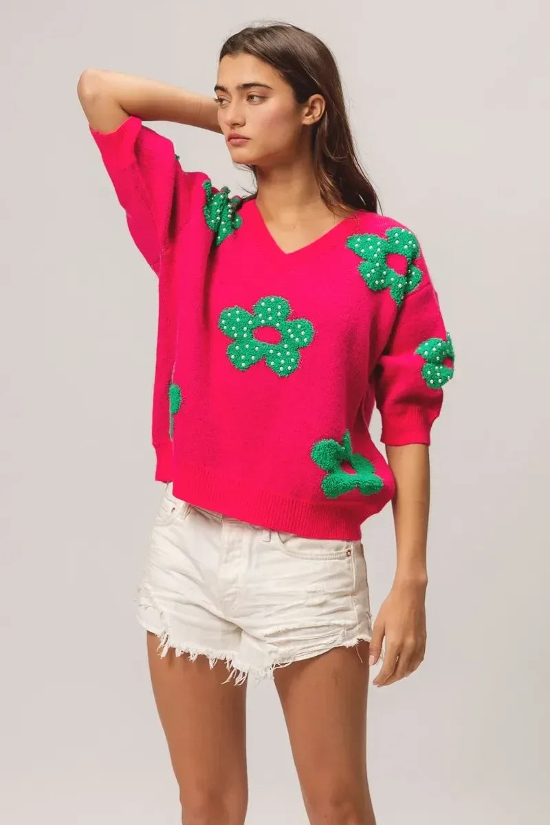 BiBi Pearl Beads Flowers Sweater Top - DAVERRI FASHIONS