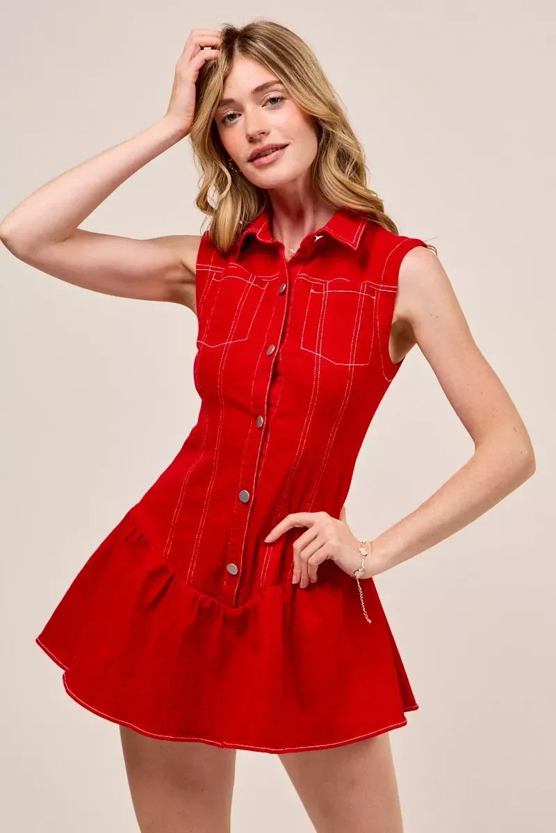 SO ME Button Down Sleeveless Collared Game Day Mini Dress - DAVERRI FASHIONS
