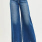 RISEN high-rise wide-leg blue denim jeans with frayed hem