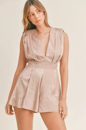 Mocha MABLE Draped Romper with Pleated Shoulder Pad Detail | Rompers Daverri Fashions