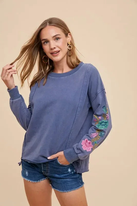 Annie Wear Embroidered Long Sleeve French Terry Top Washed Midnight - DAVERRI FASHIONS